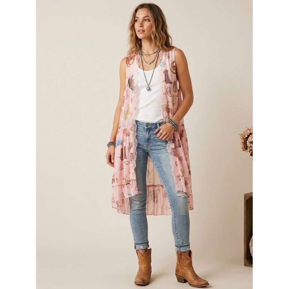 Origami Pink Western Print Mesh Lace Ruffle Sleeveless V-Neck Vest Sz M